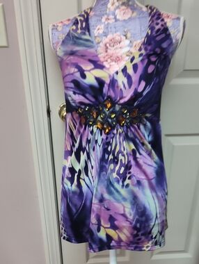 Cache Purple Multicolor Beaded Waist V-Neck Tank Dress